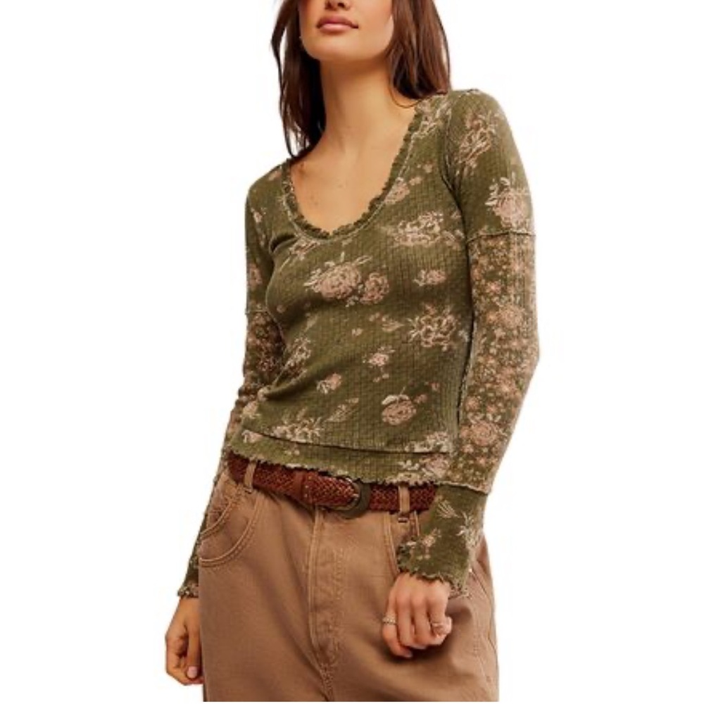 Free People‎ Clover Printed  Floral Thermal Top small